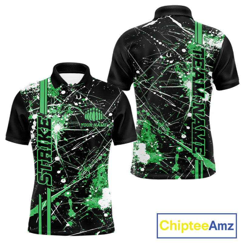 Custom Black And Green Splatter Camo Strike Bowling League Shirts, Men Bowling Jerseys IPHW10653