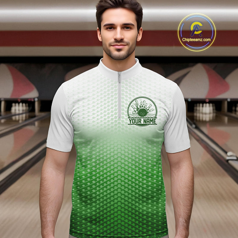 Custom Name Green Bowling Jerseys For Men, Bowling League Quarter-Zip Shirt Bowler Outift IPHW10658