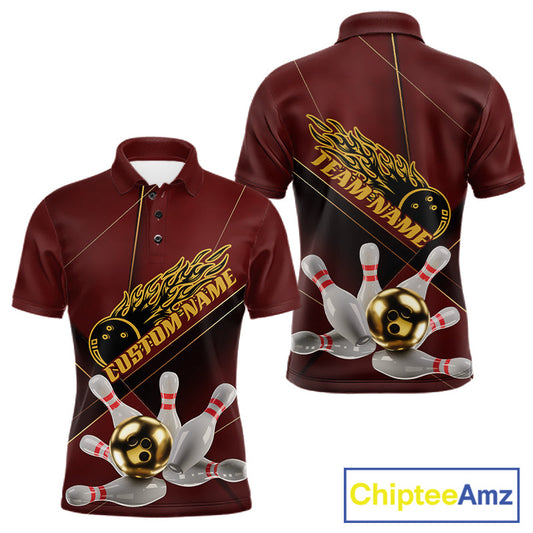 Custom Red And Gold Bowling Shirts For Men, Flame Bowling Team Shirts Bowling Uniform IPHW10660