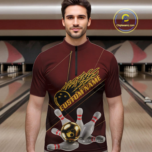 Custom Red And Gold Bowling Shirts For Men, Flame Bowling Team Shirts Bowling Uniform IPHW10660