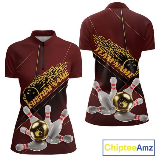 Custom Red And Gold Bowling Shirts For Women, Flame Bowling Team Shirts Bowling Uniform IPHW10660