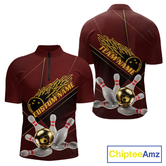 Custom Red And Gold Bowling Shirts For Men, Flame Bowling Team Shirts Bowling Uniform IPHW10660