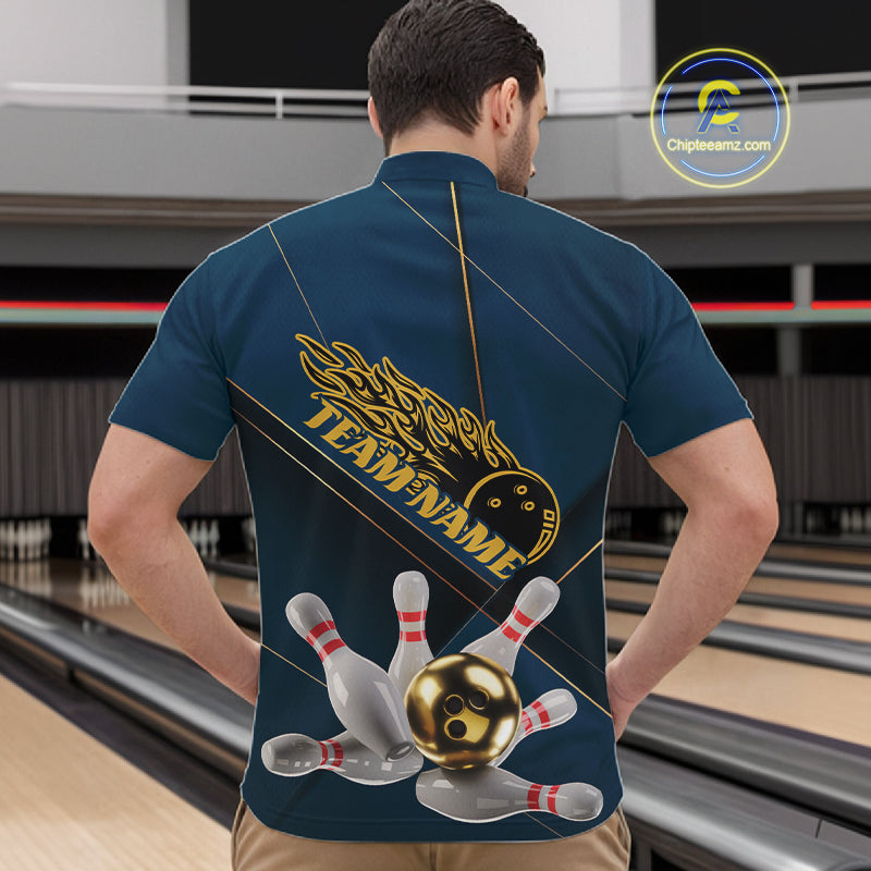 Custom Blue And Gold Bowling Shirts For Men, Flame Bowling Team Shirts Bowling Uniform IPHW10661