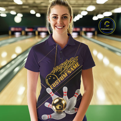Custom Purple And Gold Bowling Shirts For Women, Flame Bowling Team Shirts Bowling Uniform IPHW10662