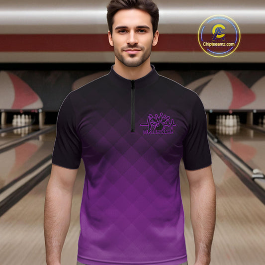 Bowling Heartbeat Pulse Line Purple Argyle Custom Bowling Team Quarter-Zip Shirts For Men IPHW10665