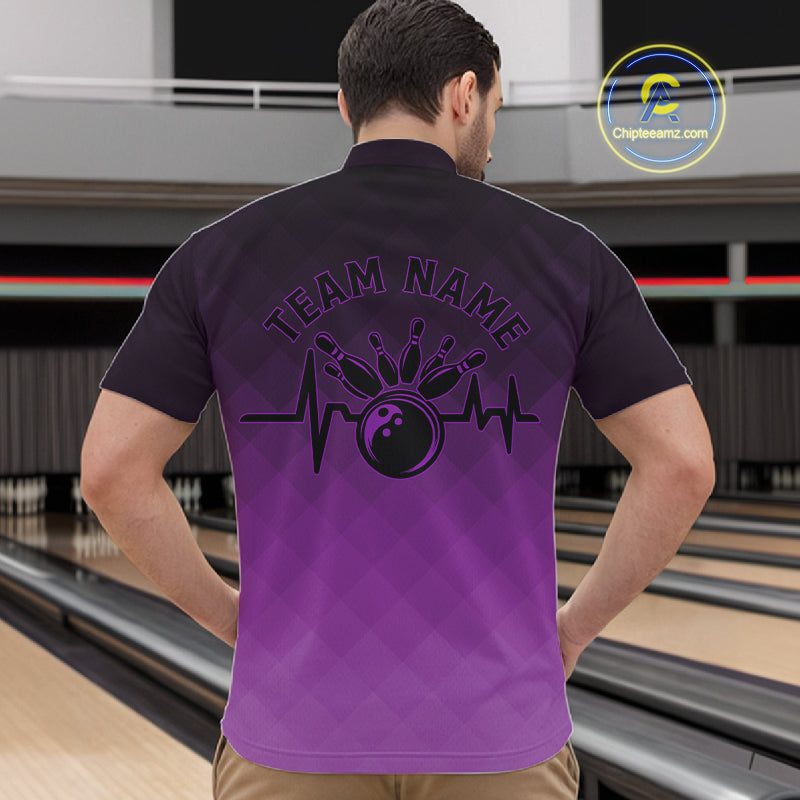 Bowling Heartbeat Pulse Line Purple Argyle Custom Bowling Team Quarter-Zip Shirts For Men IPHW10665