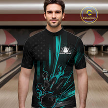 Load image into Gallery viewer, Custom Turquoise Blue US Flag Patriotic Men Bowling Shirt, American Flame Bowling Jersey IPHW11149