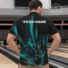 Load image into Gallery viewer, Custom Turquoise Blue US Flag Patriotic Men Bowling Shirt, American Flame Bowling Jersey IPHW11149