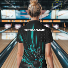 Load image into Gallery viewer, Custom Turquoise Blue US Flag Patriotic Women Bowling Shirt, American Bowling Jersey IPHW11149