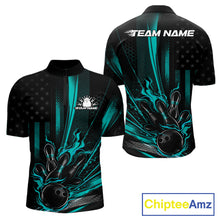 Load image into Gallery viewer, Custom Turquoise Blue US Flag Patriotic Men Bowling Shirt, American Flame Bowling Jersey IPHW11149