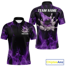 Load image into Gallery viewer, Purple Fire Bowling Ball And Pins Custom Shirts For Men, Flame Bowling Team Jersey IPHW11152