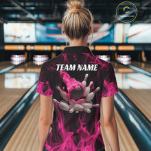 Load image into Gallery viewer, Pink Fire Bowling Ball And Pins Custom Shirts For Women, Flame Bowling Team Jersey IPHW11153