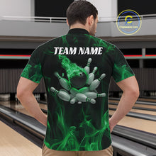 Load image into Gallery viewer, Green Fire Bowling Ball And Pins Custom Shirts For Men, Flame Bowling Team Jersey IPHW11154