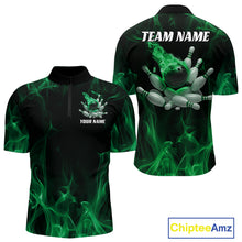 Load image into Gallery viewer, Green Fire Bowling Ball And Pins Custom Shirts For Men, Flame Bowling Team Jersey IPHW11154