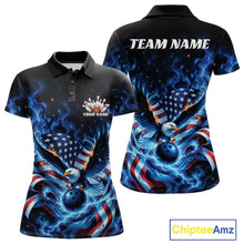 Load image into Gallery viewer, Women’s polo shirt mockup shown front and back with flaming eagle graphics, a blue bowling ball, American flag, and blue flame accents.