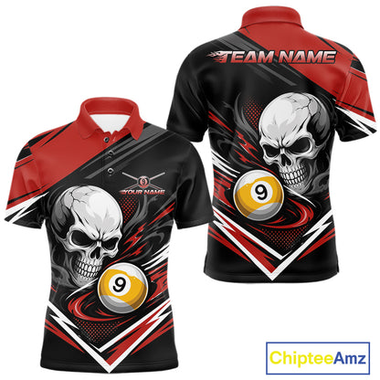 Custom Black And Red 9 Ball Skull Billiards Men Polo Shirt, Pool Team Shirt IPHW11741
