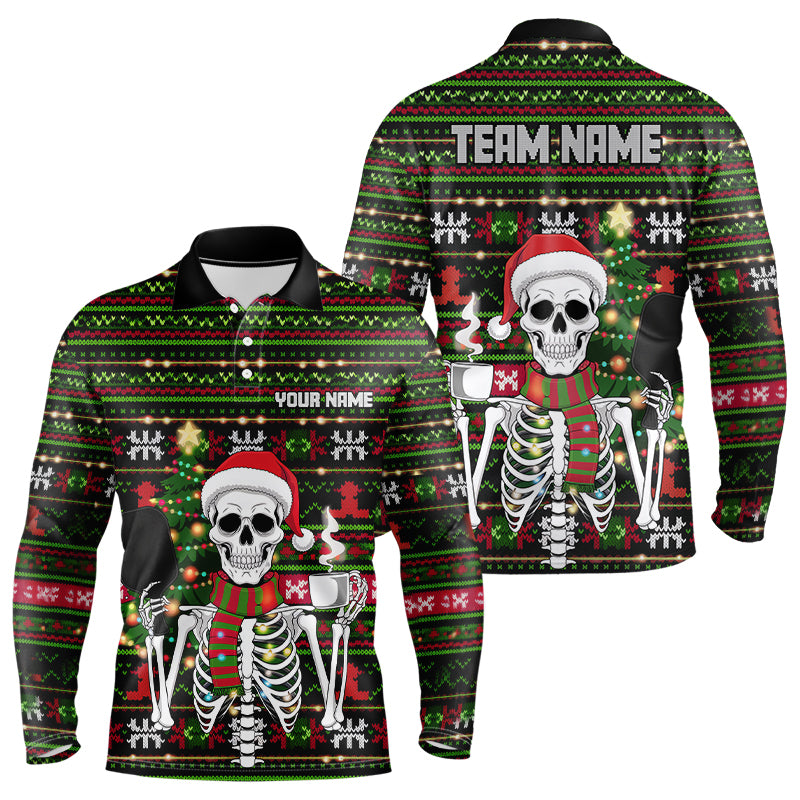 Custom Ugly Sweater Pattern Skull Christmas Pickleball Long Sleeve Polo Shirts For Men IPHW8085