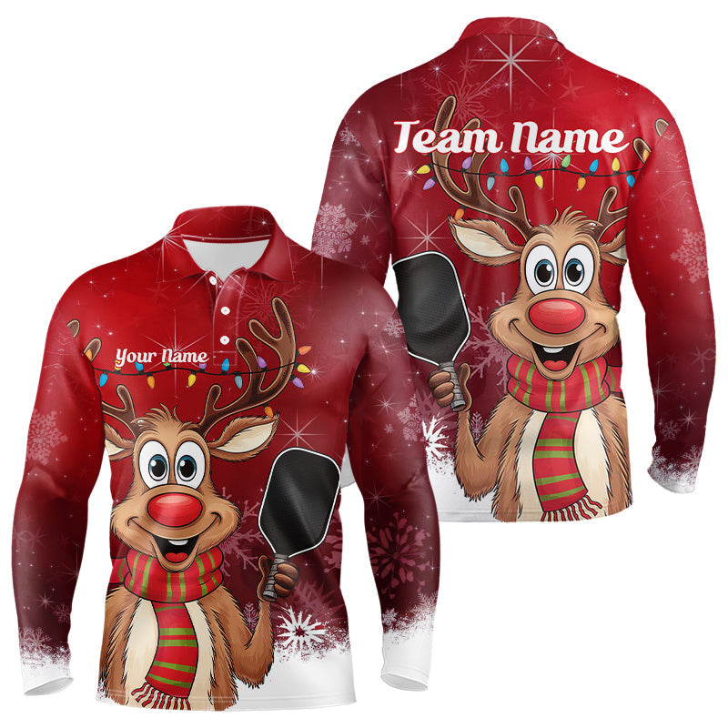 Custom Funny Christmas Reindeer Pickleball Long Sleeve Polo Shirts For Men, Pickleball Outfit IPHW8096