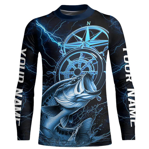 Blue Thunder Lightning Custom Largemouth Bass Compass Kid Long Sleeve Tournament Fishing Shirts IPHW8097