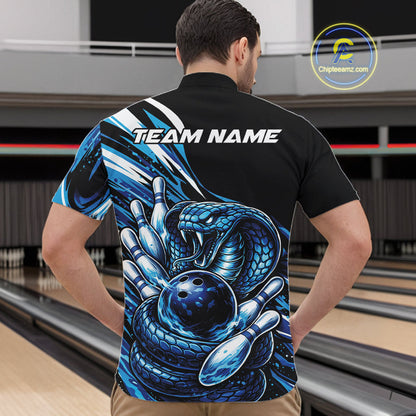 Custom Black And Blue Cobra Snake Men Bowling Quarter-Zip Shirts, Cobra Bowling Jerseys IPHW10371