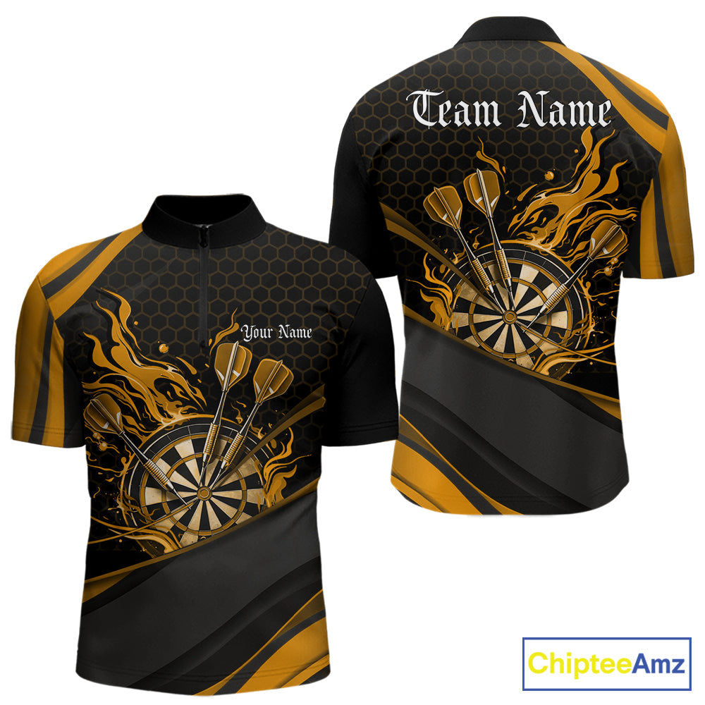 Custom Yellow Fire Flame Dartboard Darts Team Men Quarter-Zip Shirts, Dart League Shirts IPHW10378