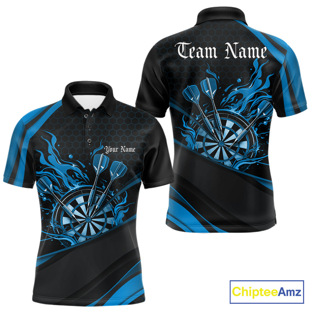 Custom Blue Fire Flame Dartboard Darts Team Men Polo Shirts, Dart League Shirts IPHW10379