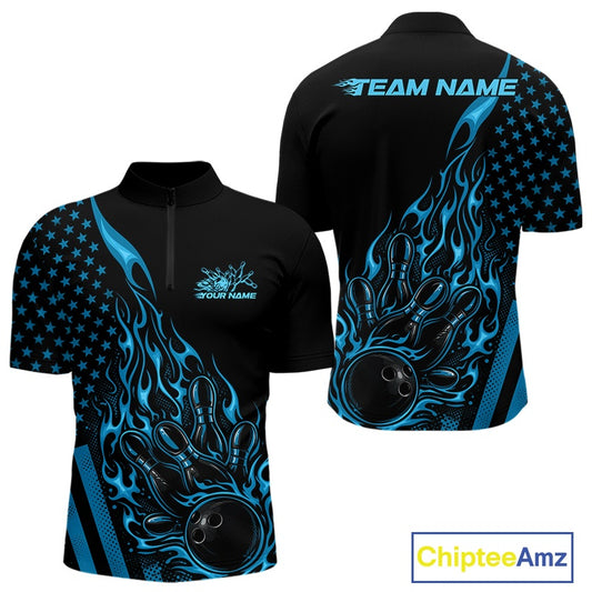 Front and back mockup of a black men’s bowling quarter-zip shirt featuring a blue flaming bowling ball striking pins with a patriotic American flag theme.