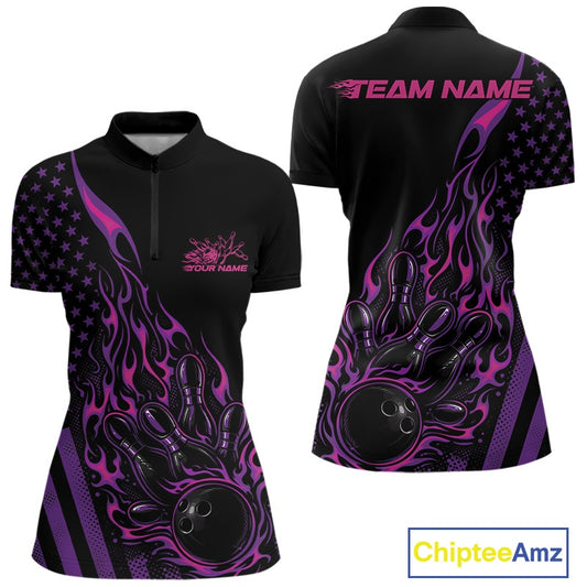 Front and back view of a black women’s bowling quarter-zip shirt featuring a pink and purple flaming bowling ball striking pins with patriotic styling.