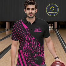 Load image into Gallery viewer, Custom Pink Patriotic Flame Bowling Men Polo Shirt, US Flag Bowler Jersey IPHW11168