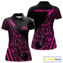 Load image into Gallery viewer, Custom Pink Patriotic Flame Bowling Women Polo Shirt, US Flag Bowler Jersey IPHW11168