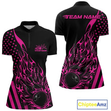 Load image into Gallery viewer, Custom Pink Patriotic Flame Bowling Women Quarter-Zip Shirt, US Flag Bowler Jersey IPHW11168