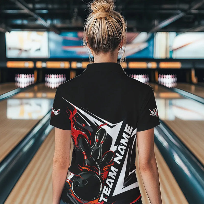 Custom Black And Red Flame Strike Womens Bowling Quarter-Zip Shirts, Strike Bowling Jerseys IPHW8312