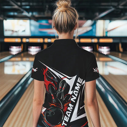 Custom Black And Red Flame Strike Womens Bowling Quarter-Zip Shirts, Strike Bowling Jerseys IPHW8312