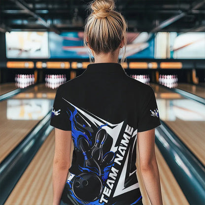 Custom Black And Blue Flame Strike Bowling Polo Shirts For Women, Strike Bowling Jerseys IPHW8313