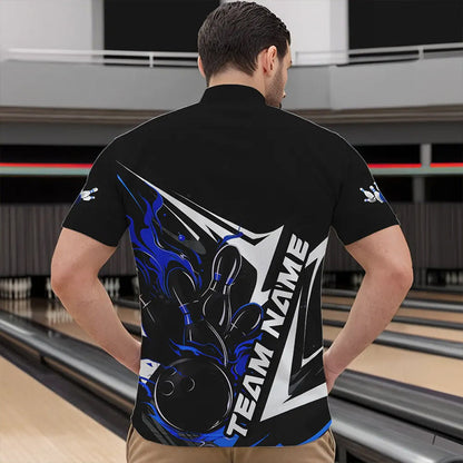 Custom Black And Blue Flame Strike Bowling Quarter-Zip Shirts For Men, Strike Bowling Jerseys IPHW8313