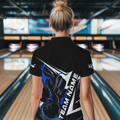 Custom Black And Blue Flame Strike Womens Bowling Quarter-Zip Shirts, Strike Bowling Jerseys IPHW8313