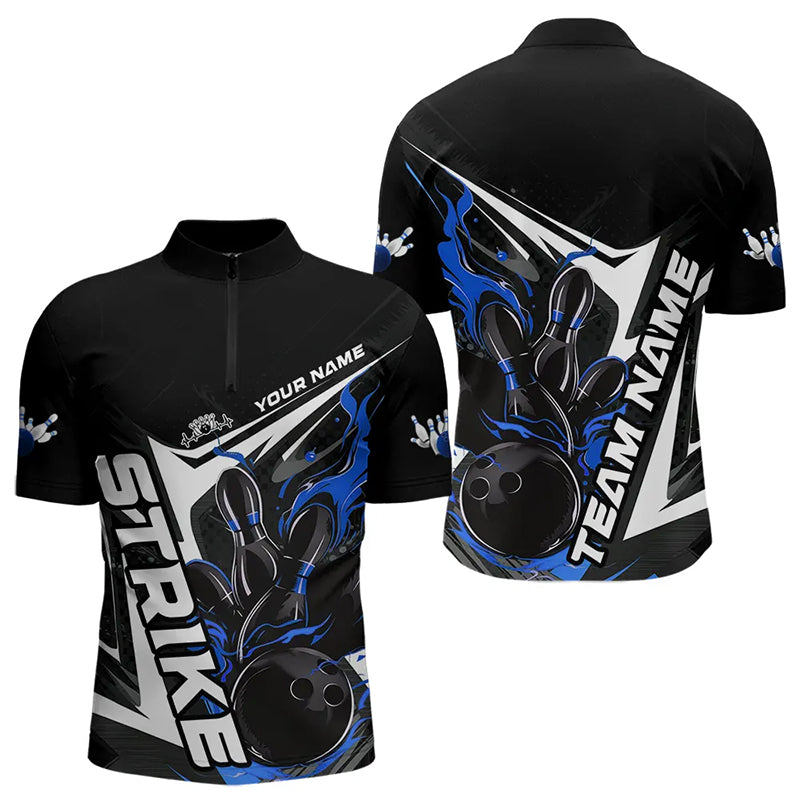 Custom Black And Blue Flame Strike Bowling Quarter-Zip Shirts For Men, Strike Bowling Jerseys IPHW8313