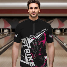 Load image into Gallery viewer, Custom Black And Pink Flame Strike Bowling Quarter-Zip Shirts For Men, Strike Bowling Jerseys IPHW8314