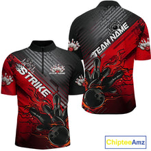 Load image into Gallery viewer, Custom Red Strike Flame Bowling Quarter-Zip Shirts For Men, Bowling Team Shirt Bowlers Outift IPHW9615