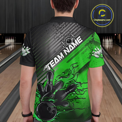 Custom Green Strike Flame Bowling Polo Shirts For Men, Bowling Team Shirt Bowlers Outift IPHW9616