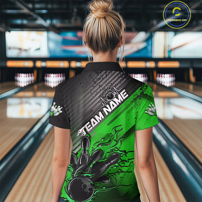 Custom Green Strike Flame Bowling Women Quarter Zip Shirt, Team Shirt Bowlers Outift IPHW9616