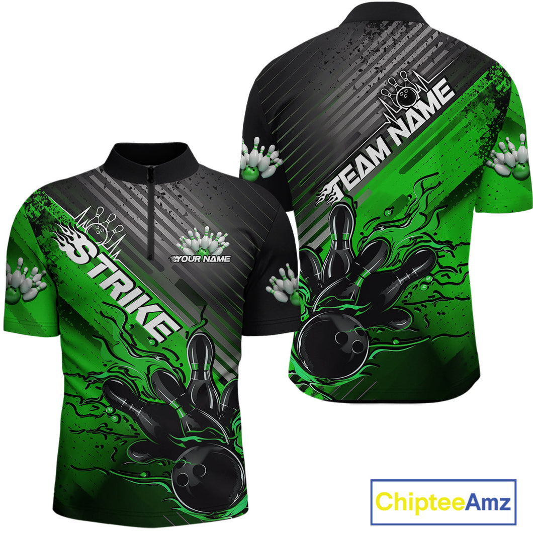 Custom Green Strike Flame Bowling Quarter-Zip Shirts For Men, Bowling Team Shirt Bowlers Outift IPHW9616