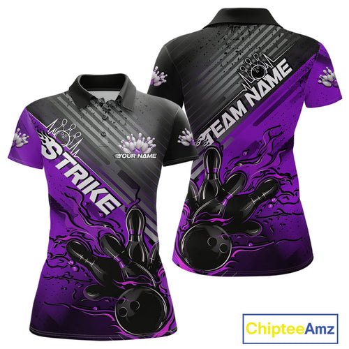 Custom Purple Strike Flame Bowling Women Polo Shirt, Bowling Team Shirt Bowlers Outift IPHW9617