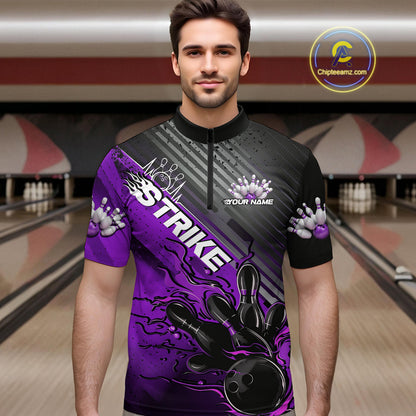 Custom Purple Strike Flame Bowling Quarter-Zip Shirts For Men, Bowling Team Shirt Bowlers Outift IPHW9617