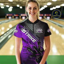 Load image into Gallery viewer, Custom Purple Strike Flame Bowling Women Quarter Zip Shirt, Team Shirt Bowlers Outift IPHW9617