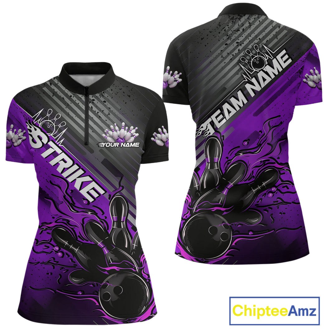 Custom Purple Strike Flame Bowling Women Quarter Zip Shirt, Team Shirt Bowlers Outift IPHW9617