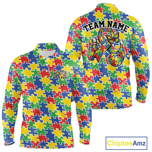 Close-up view of white shirt showcasing seamless multi-colored puzzle piece pattern in red, blue, green, and yellow with smooth repeating layout