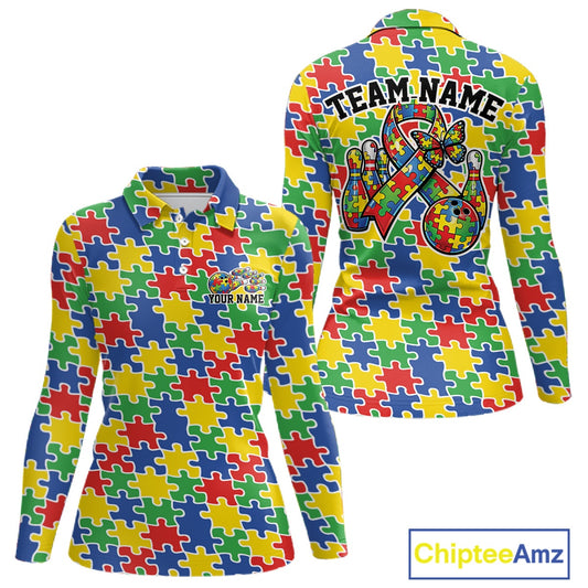 White polo shirt featuring seamless multicolor puzzle piece print in red, blue, green, and yellow tones with clean repeating pattern design