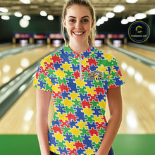 Load image into Gallery viewer, Custom Colorful Autism Awareness Butterfly Ribbon Bowling Women Shirt, Puzzles Jersey IPHW11203