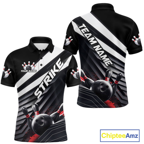 Custom Black And Red Strike Bowling Polo Shirts For Men, Bowling Team Uniform IPHW9627